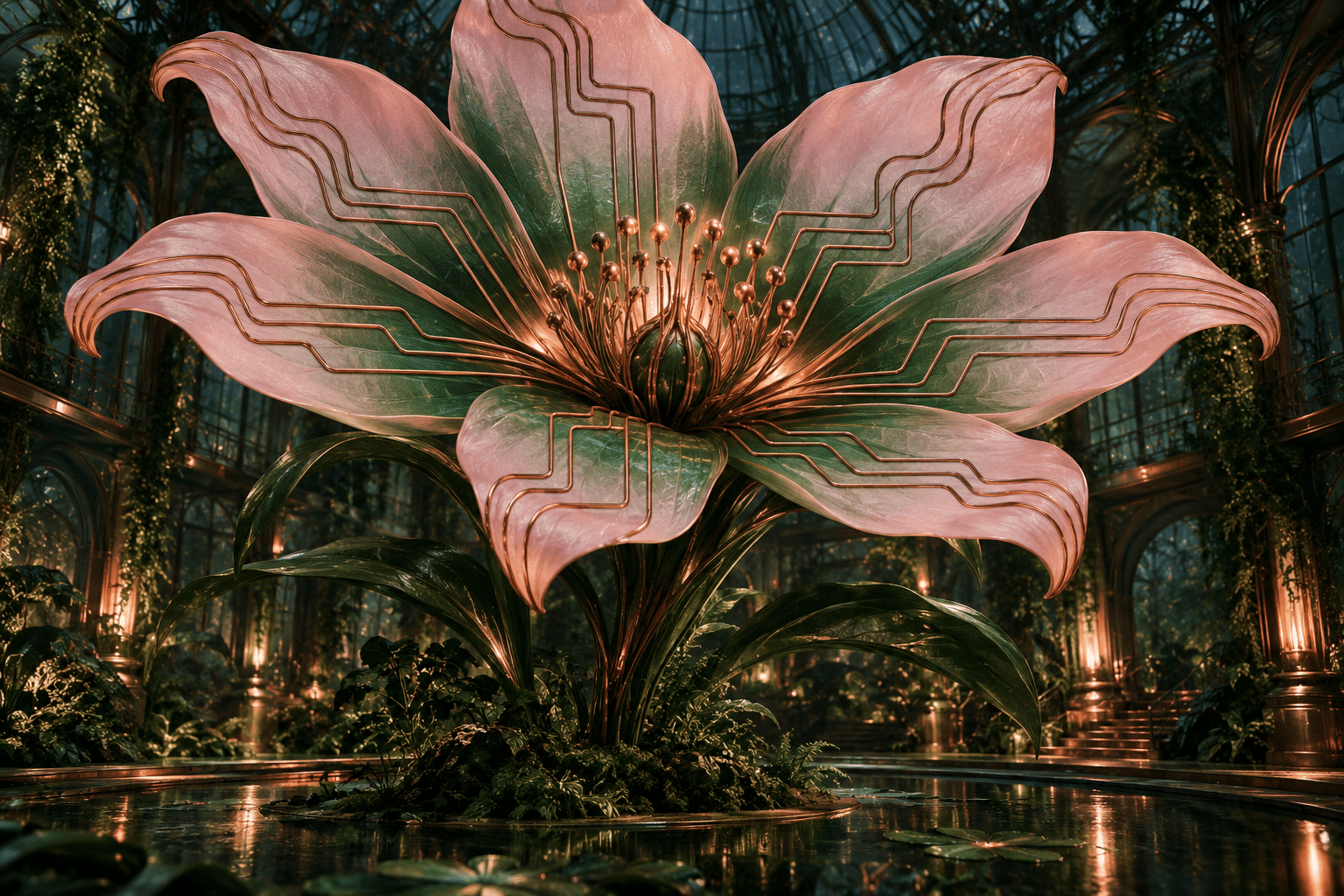 Synthetic Biology Circuit Petals: a giant invented flower in a dark conservatory.