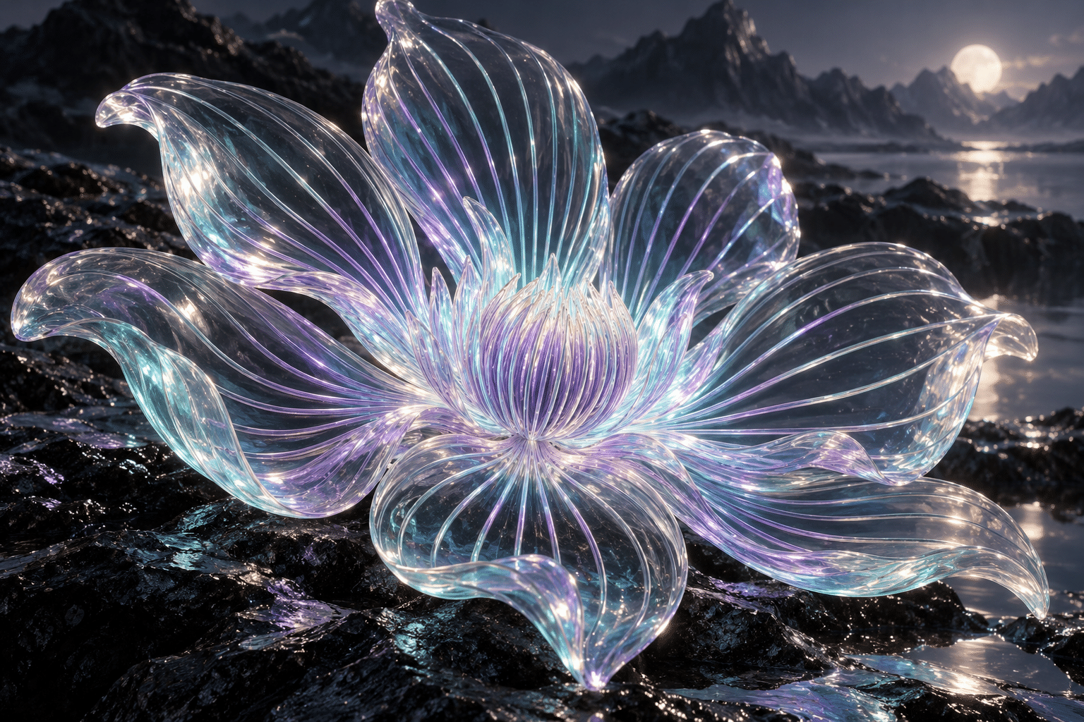 Morphogen Glass Blooms: a luminous glass blossom on black stone.