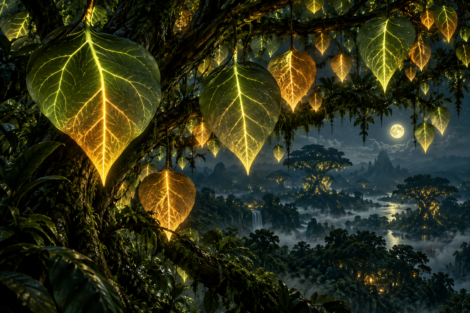 Bioelectric Vein Lanterns: a nocturnal canopy of invented luminous leaves. Leaf-shaped lanterns glow only along branching veins, leaving their broad membranes softly translucent.