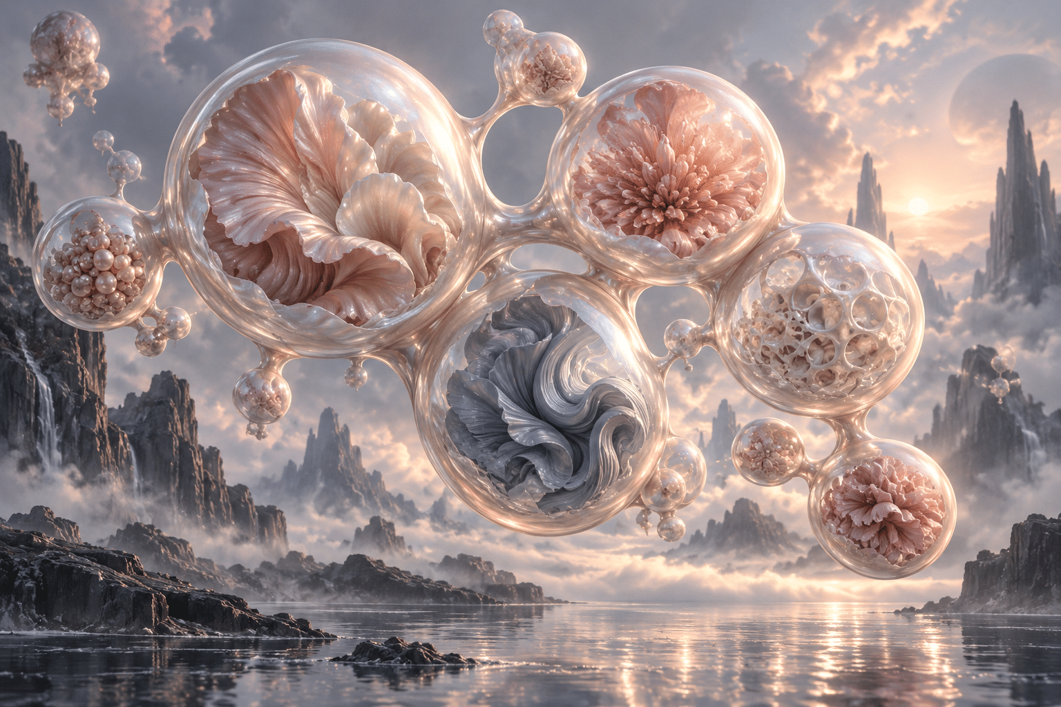 Organoid Pearl Chambers: a hovering cluster of luminous organic vessels.