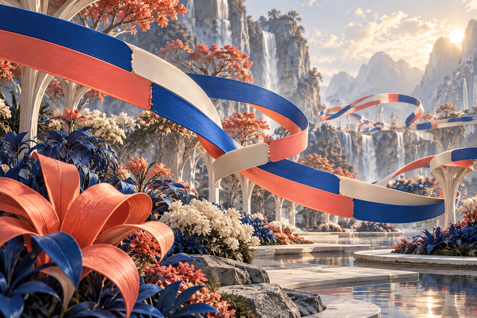 Genome Ribbon Gardens: an abstract botanical ribbon installation.