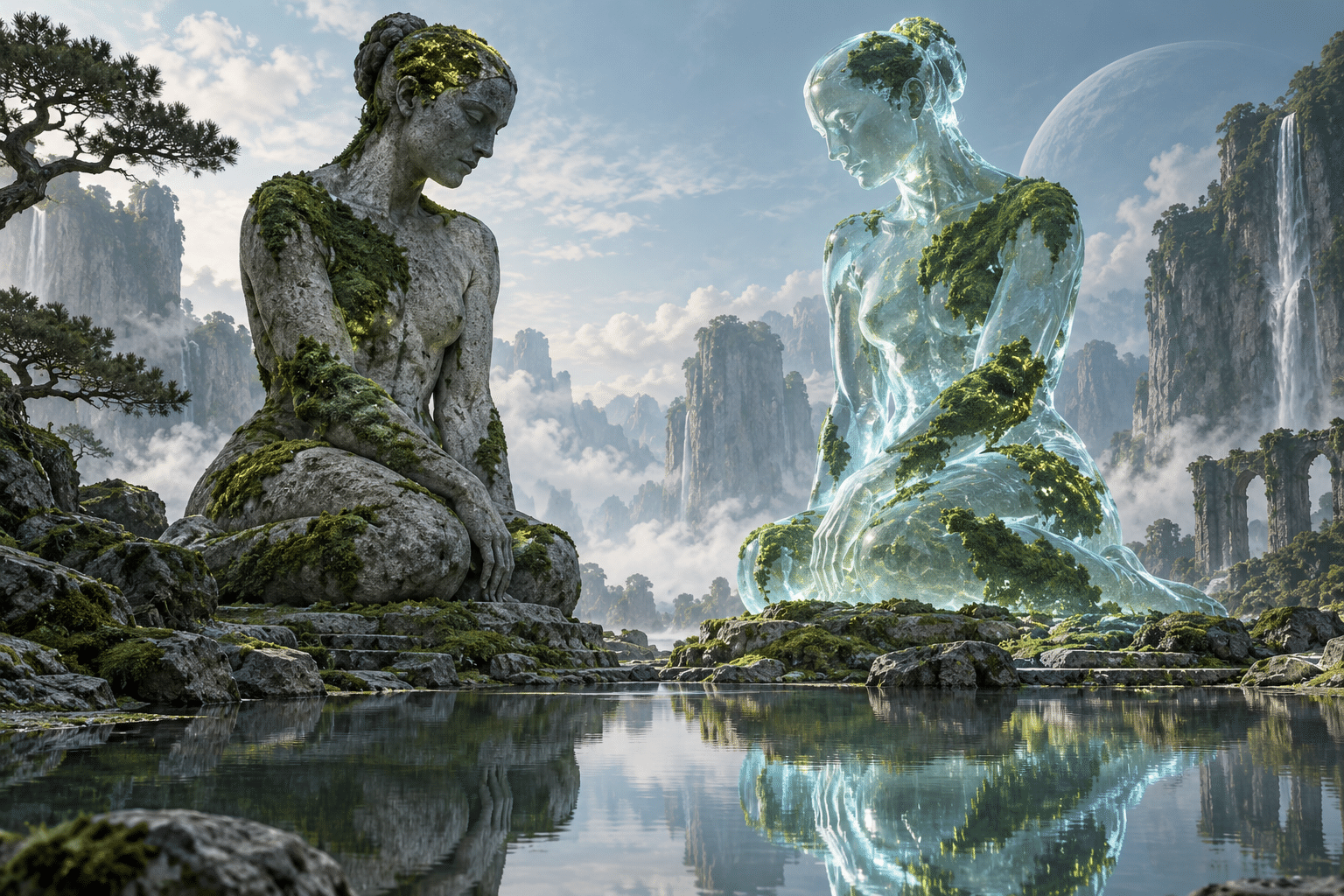 Digital Twin Moss Statues: two abstract statues beside a still pond.