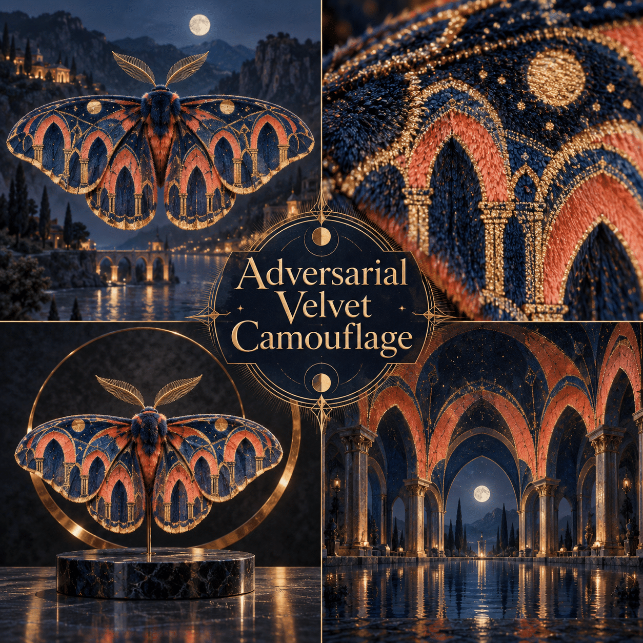 Four interpretations of Adversarial Velvet Camouflage, with the complete style name prominently in the center.