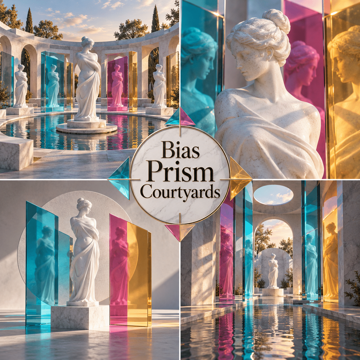 Four interpretations of Bias Prism Courtyards, with the complete style name prominently in the center.