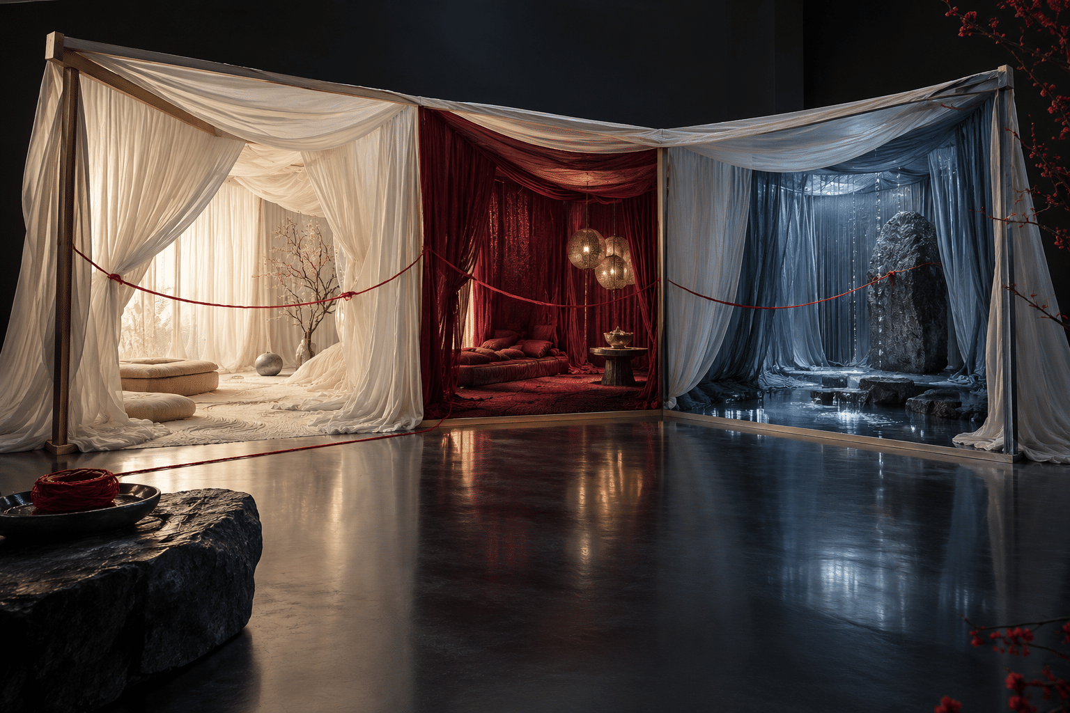 Trust Boundary Silk Rooms: an open-sided textile house in a dark gallery.