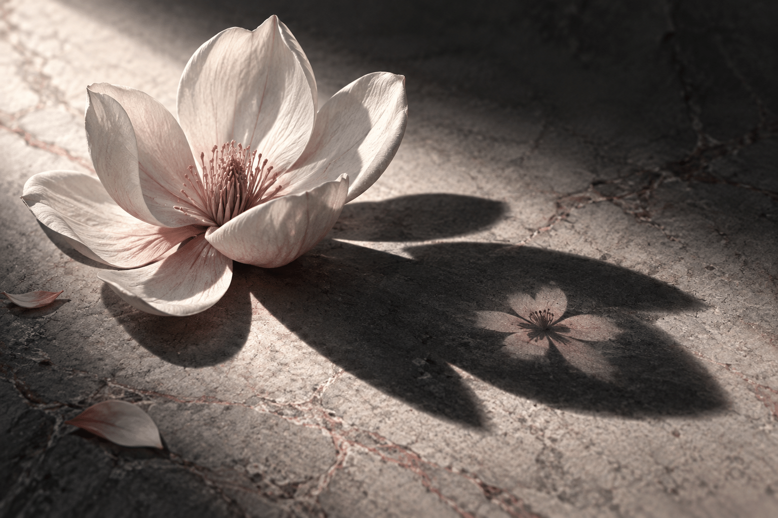 Watermark Shadow Blossoms: a pale sculptural flower under a strong side light. A flower casts a shadow containing a second small blossom shape absent from the visible petals.
