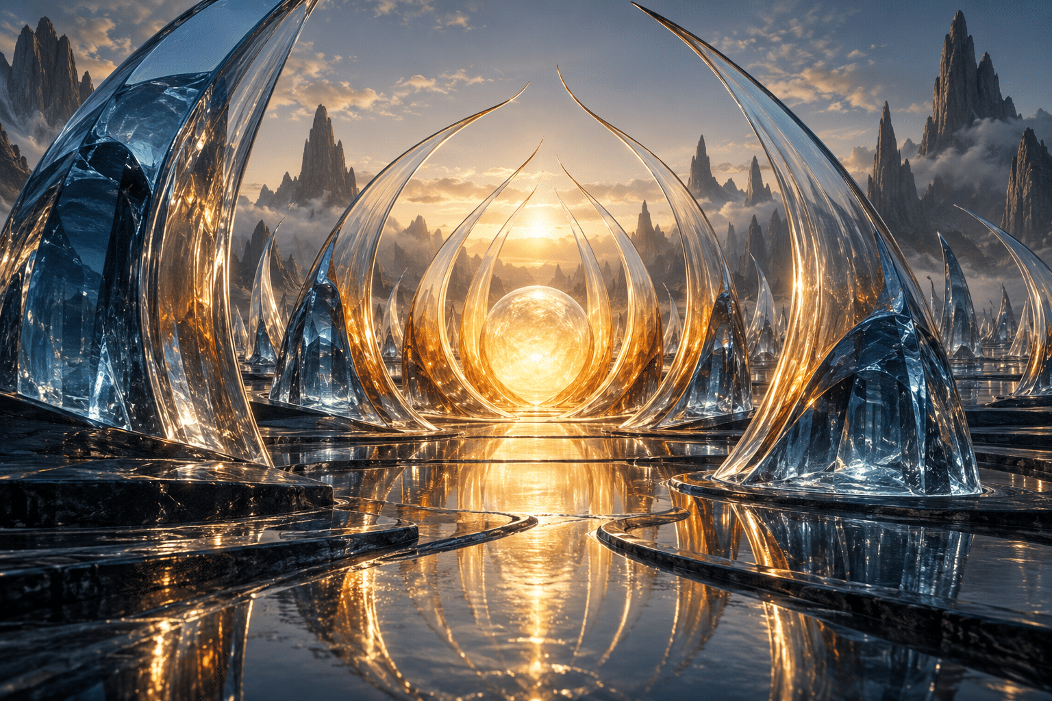 Energy Gradient Glassworks: a field of sculptural glass fins around a glowing core.