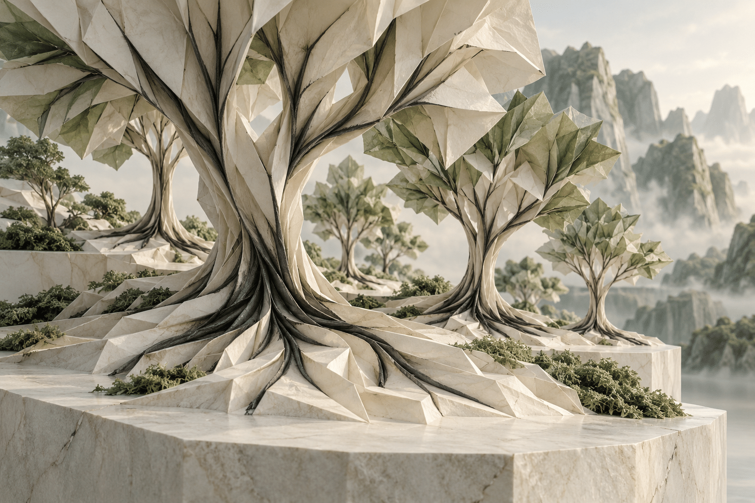 Carbon Trace Paper Forests: a delicate paper forest on a pale plinth.