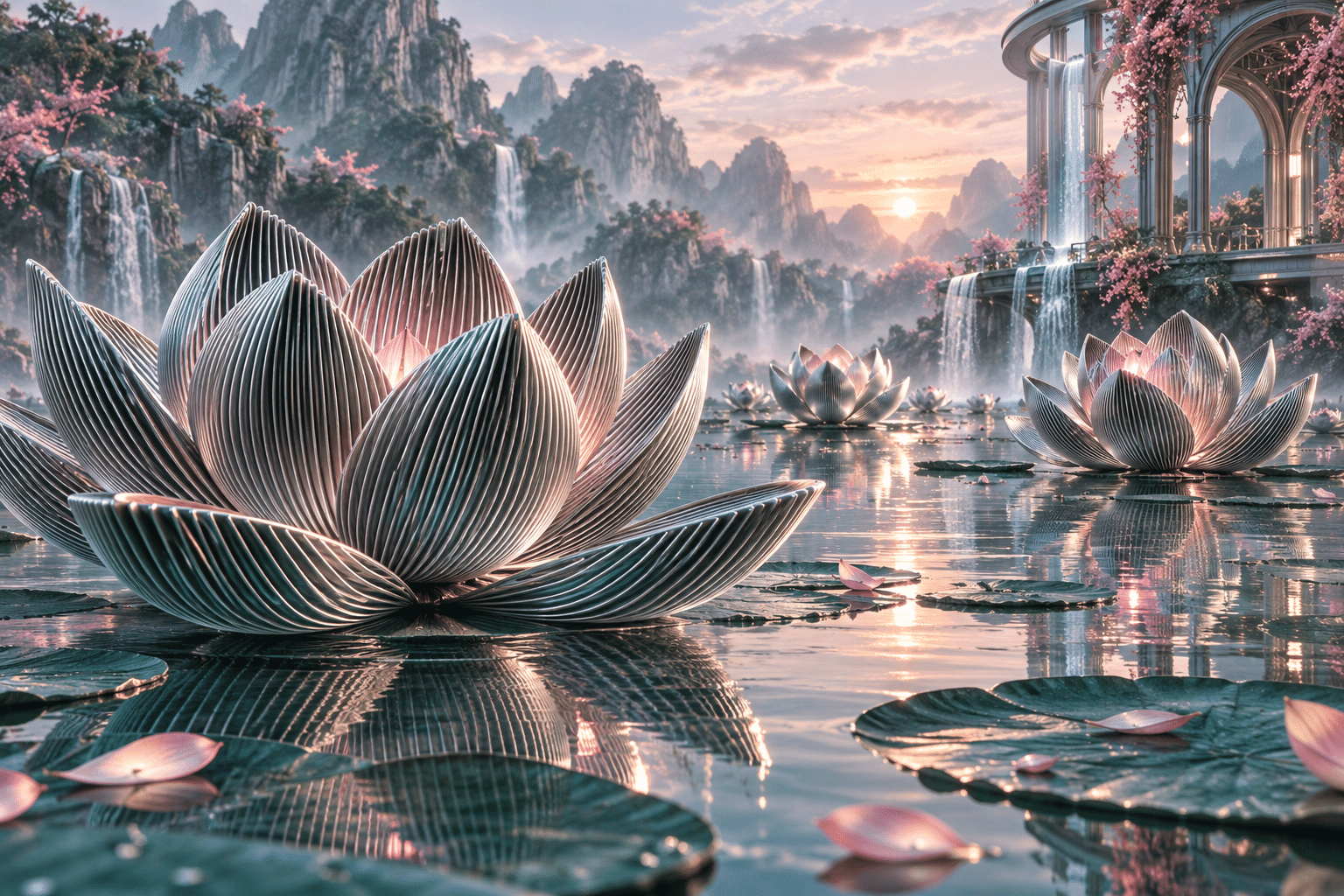 Heat Sink Lotus Gardens: a serene pond of silver lotus sculptures.