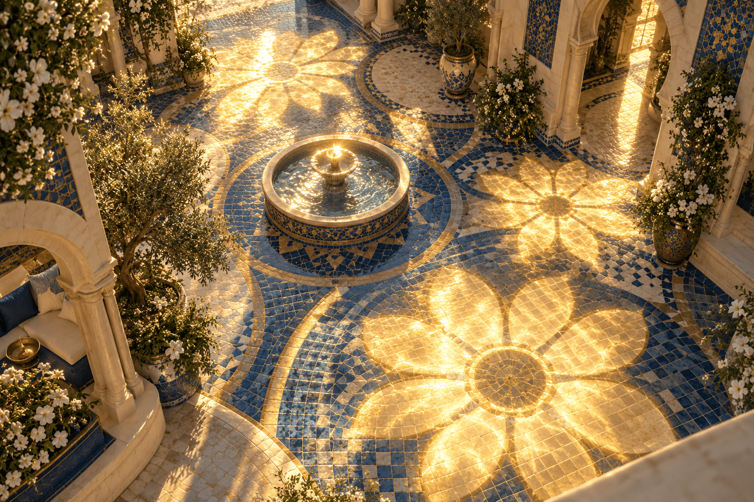 Solar Token Mosaics: a sunlit mosaic courtyard viewed from above.