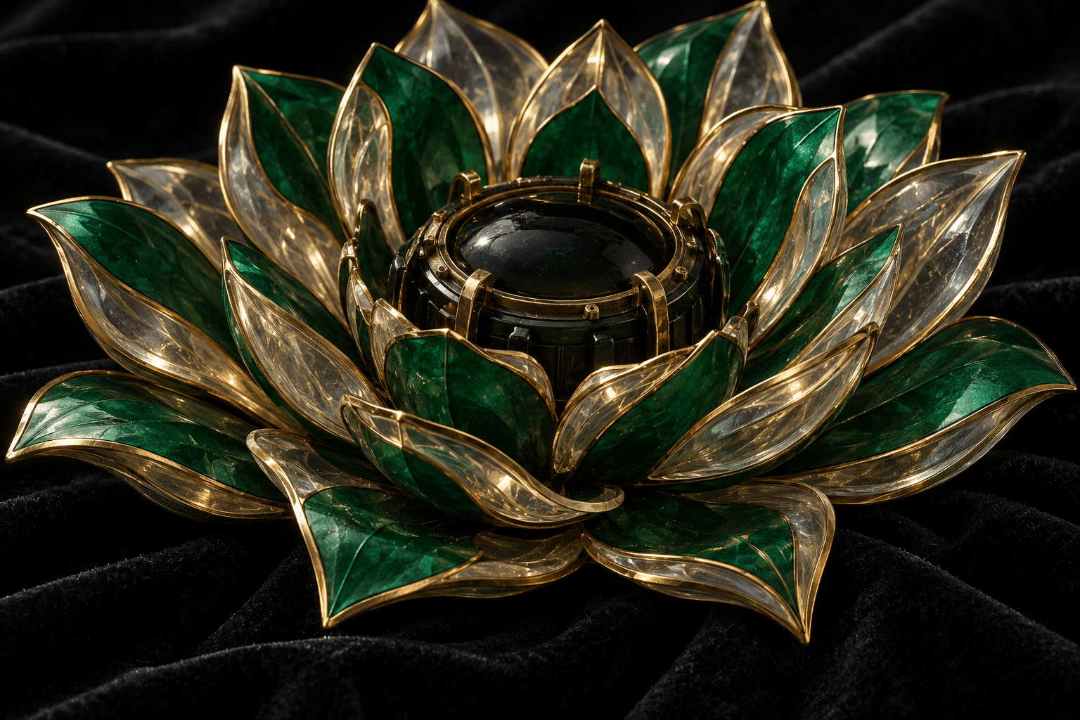 Battery Bloom Enamel: a jewel-like mechanical flower on black velvet.