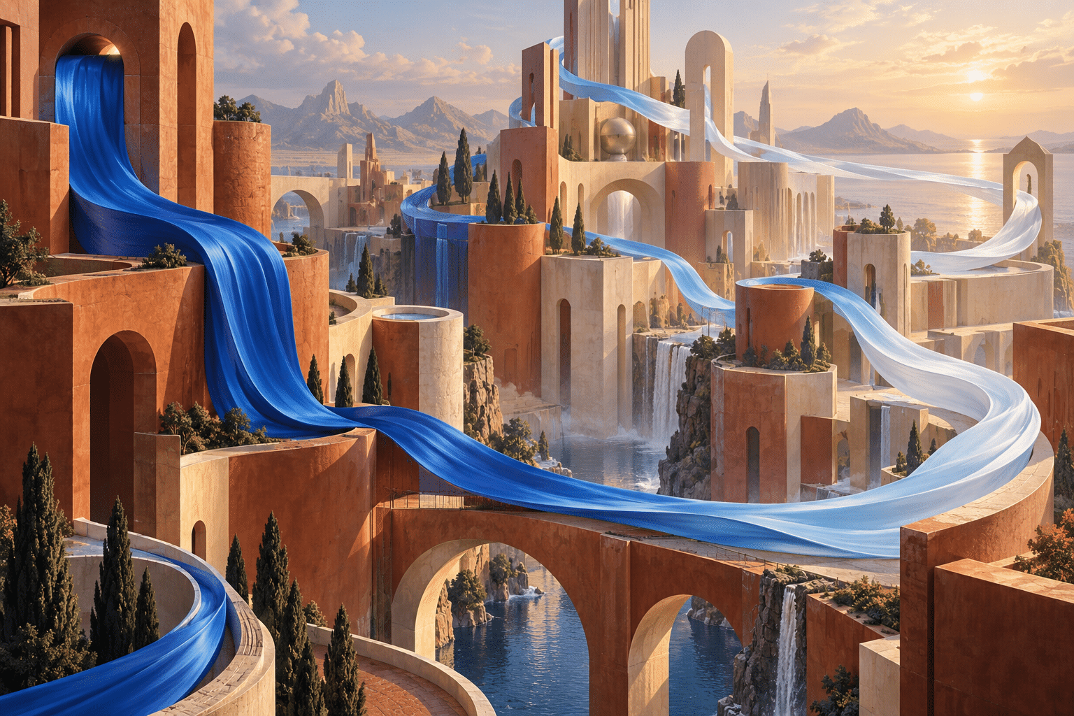 Cooling Loop Silk Rivers: an abstract city crossed by a single flowing ribbon.