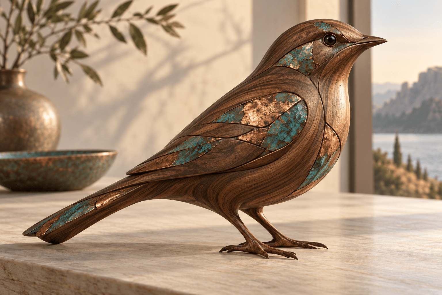 Reclaimed Circuit Marquetry: a refined wooden bird sculpture on a pale table.