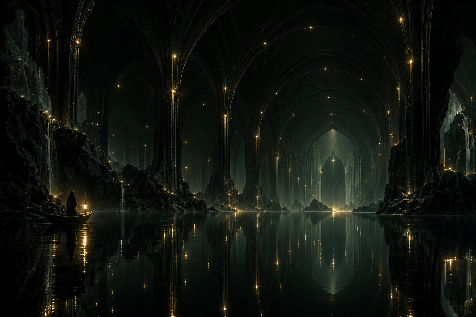 Low Power Firefly Vaults: an immense quiet vault above still water. Sparse tiny lights reveal the ribs of a huge dark vaulted space without illuminating its surfaces fully.