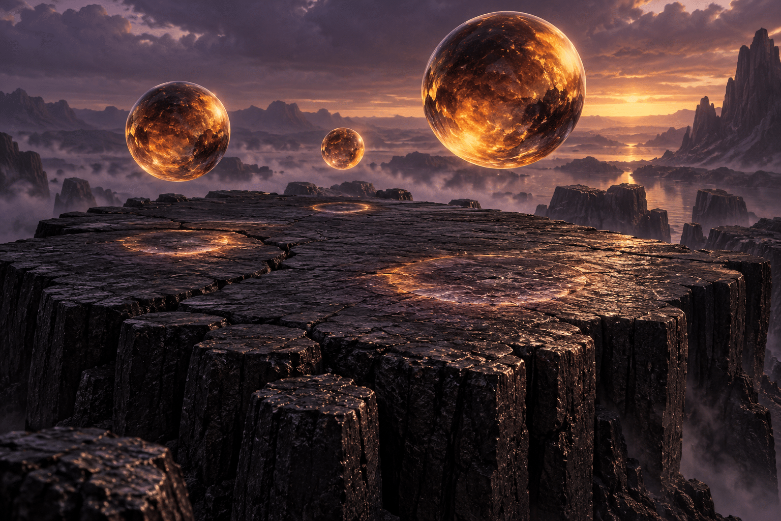 Thermal Memory Basalt: a basalt table beneath floating amber spheres.