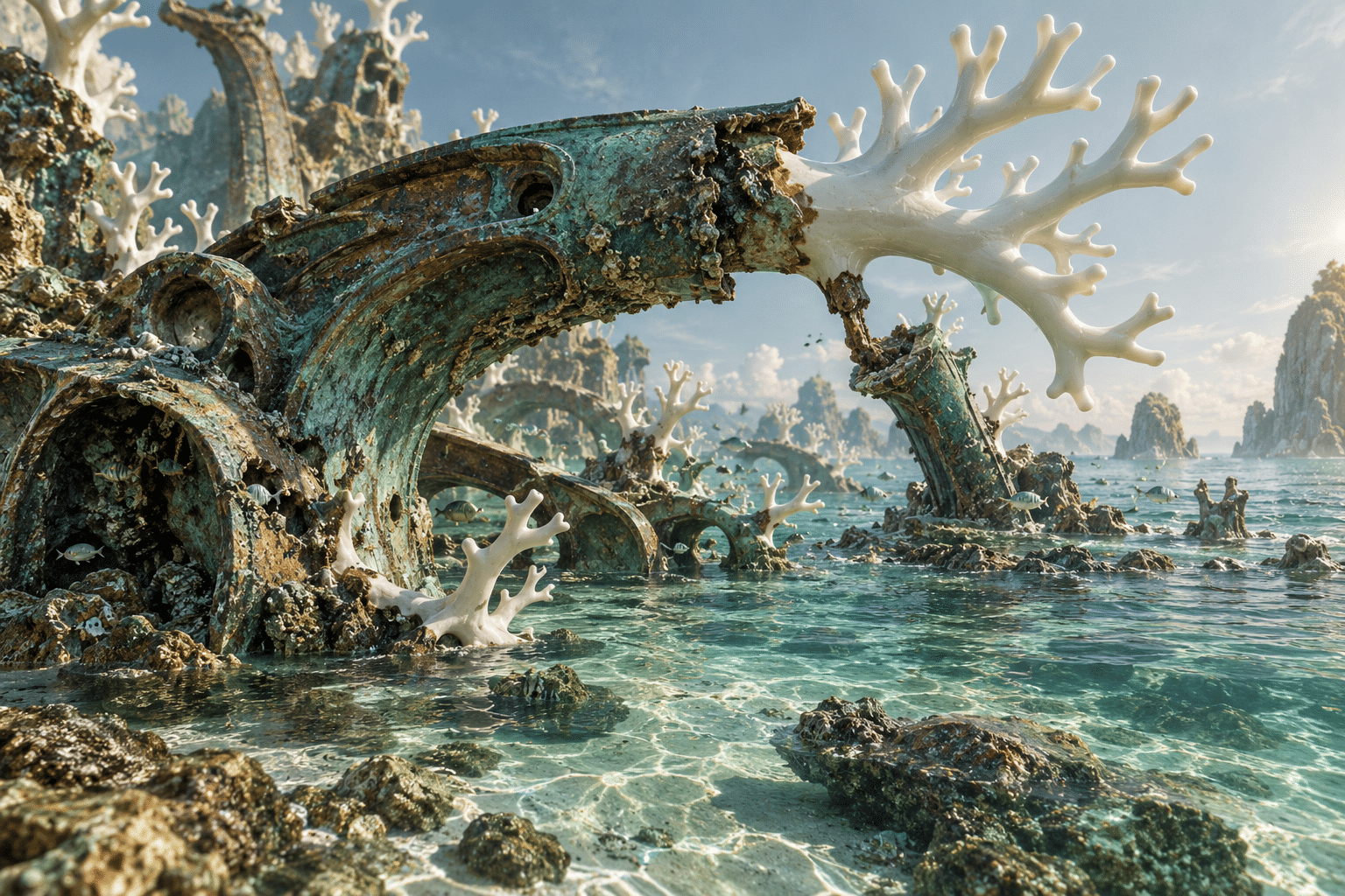 Regenerative Copper Reefs: a sculptural reef in shallow clear water.