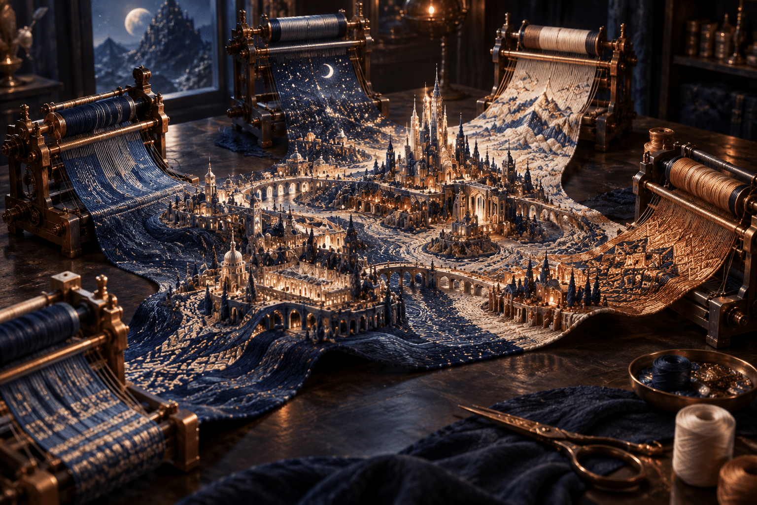 Agentic Loom Cities: a miniature luminous city being woven above a dark table. Separate tiny looms weave parts of one continuous city-shaped fabric, each contributing a distinct texture.
