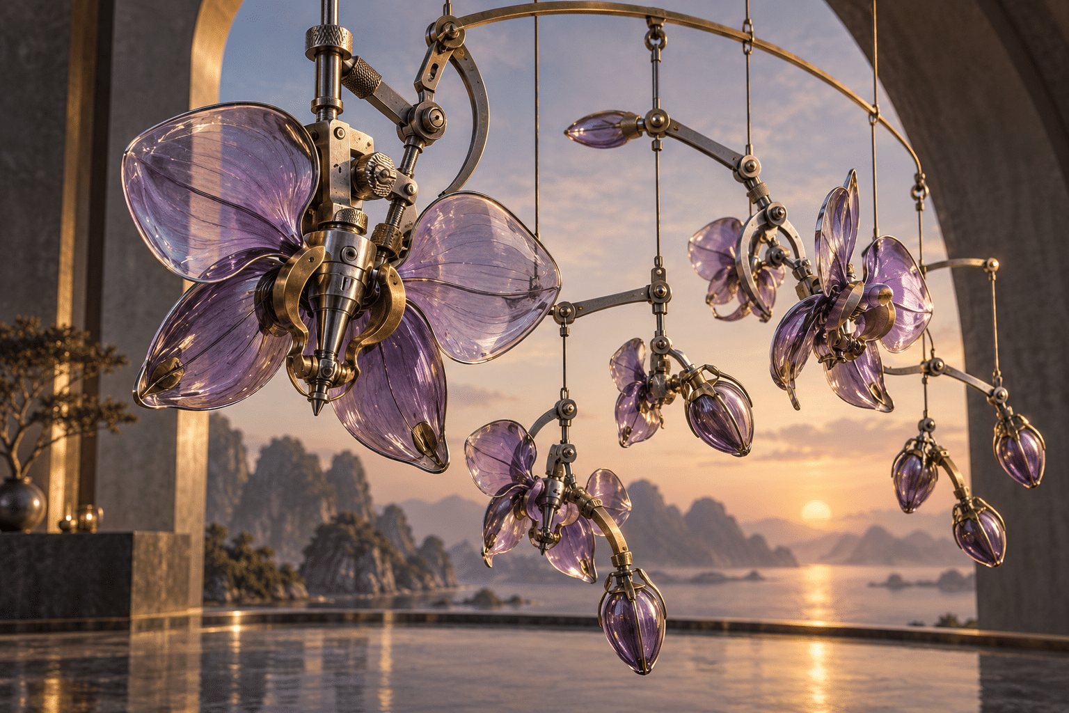 Toolchain Orchid Mobiles: an elegant mobile of imagined mechanical flowers.
