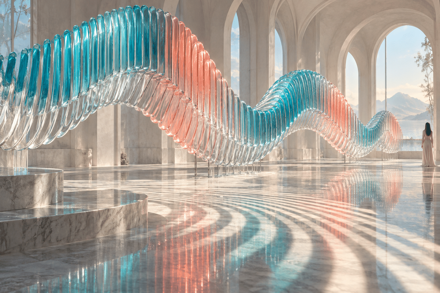 Multimodal Synesthetic Glass: a sculptural sound-like installation in a pale hall.