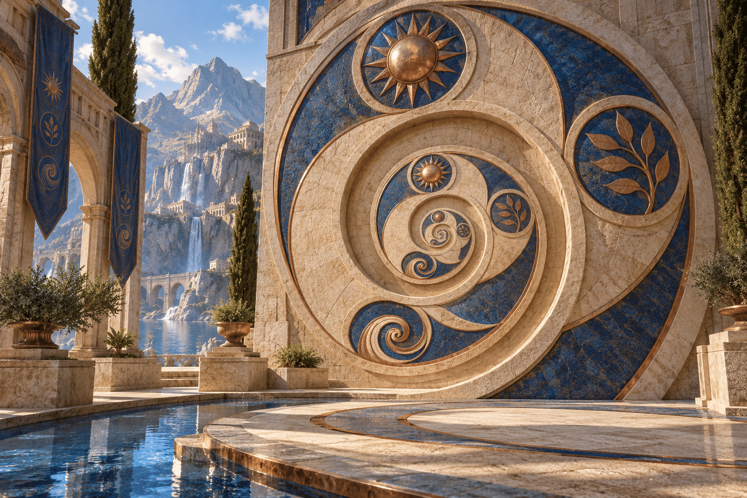 Reasoning Spiral Stonework: a monumental spiral relief in a sunlit courtyard.