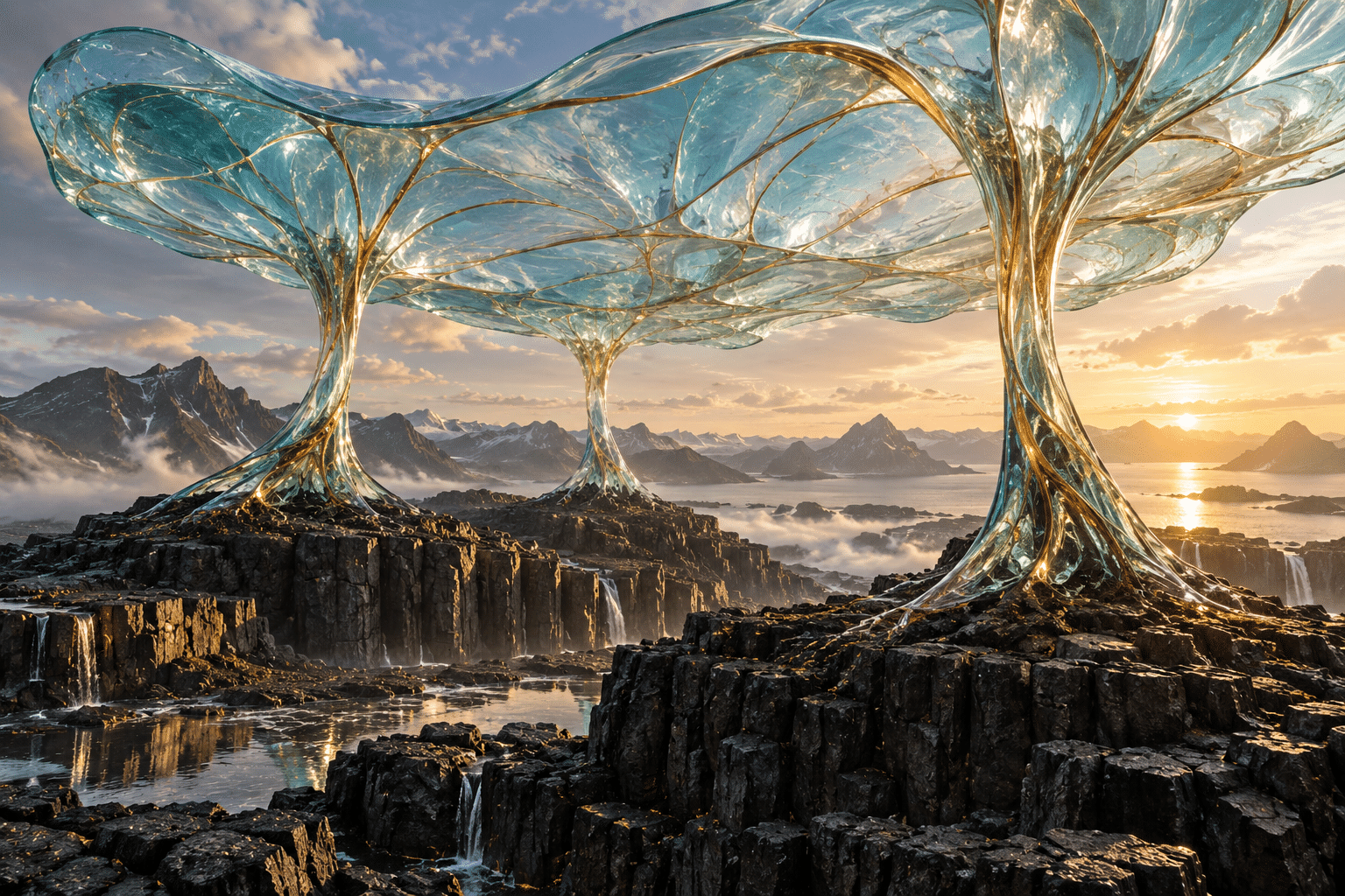 Grounding Root Glass: a floating glass canopy above a basalt foundation.