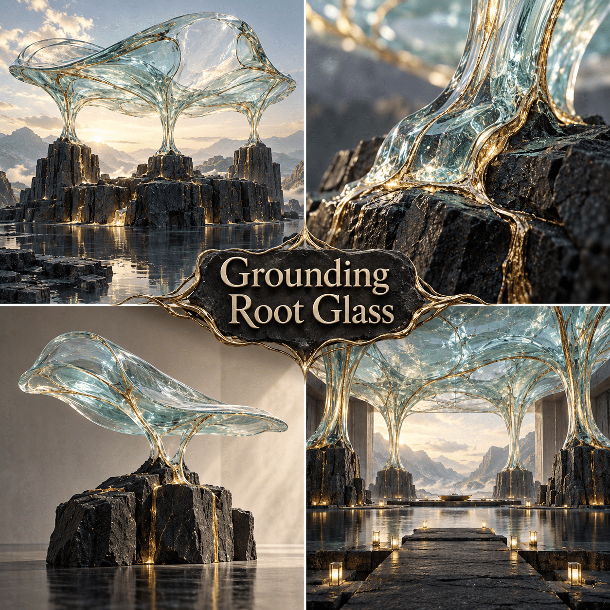 Four interpretations of Grounding Root Glass, with the complete style name prominently in the center.