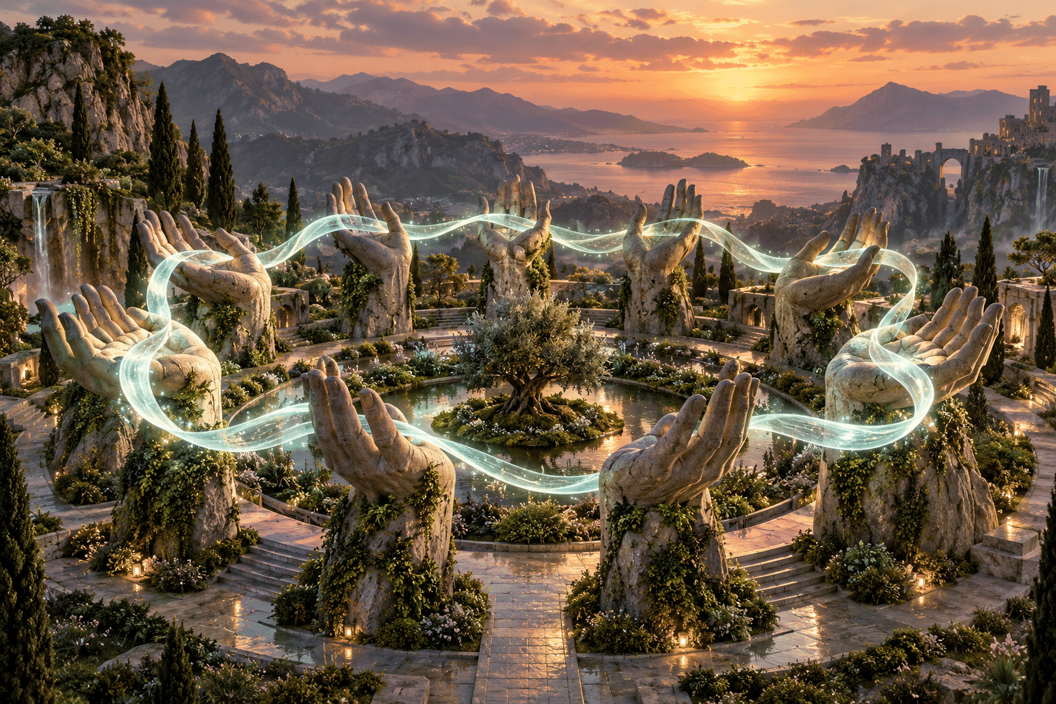 Human Loop Halo Gardens: a contemplative circular garden at dusk.