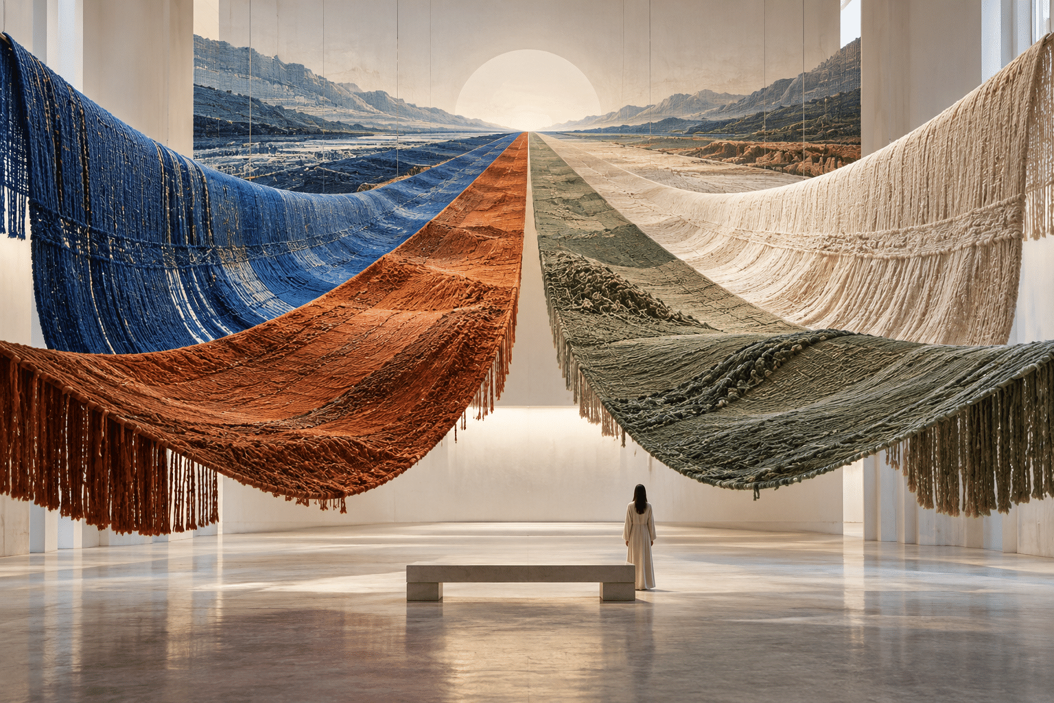 Alignment Loom Horizons: a monumental textile landscape suspended in a pale gallery. Separate woven strips begin at different angles and gradually settle into one shared horizon while retaining distinct colors.