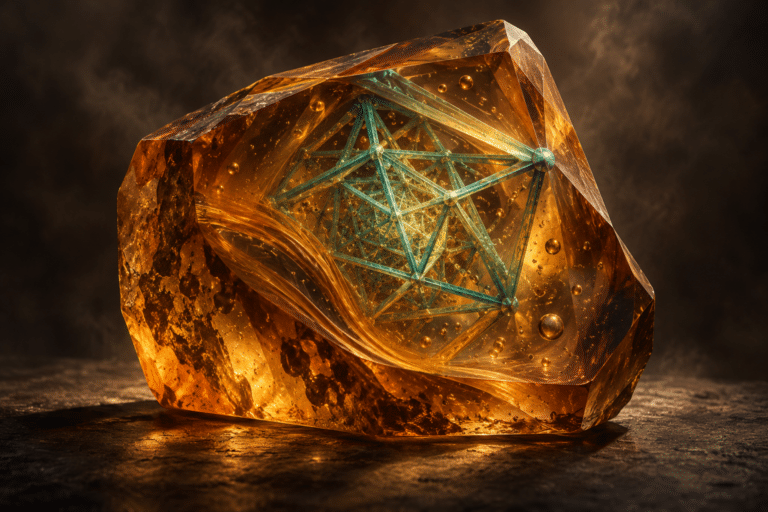 A luminous amber-like resin monolith containing a delicate nested turquoise polyhedral lattice, small trapped bubbles and flowing resin bands bending the view, one lattice corner almost touching the exterior, dark smoky studio background and warm transmitted light, no trapped insects