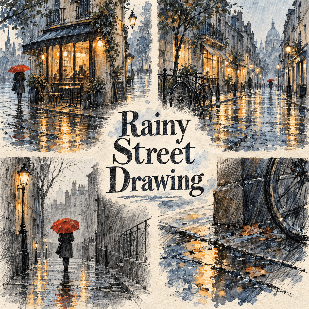 Four distinct visual studies of Rainy Street Drawing, with the complete name prominently centered.