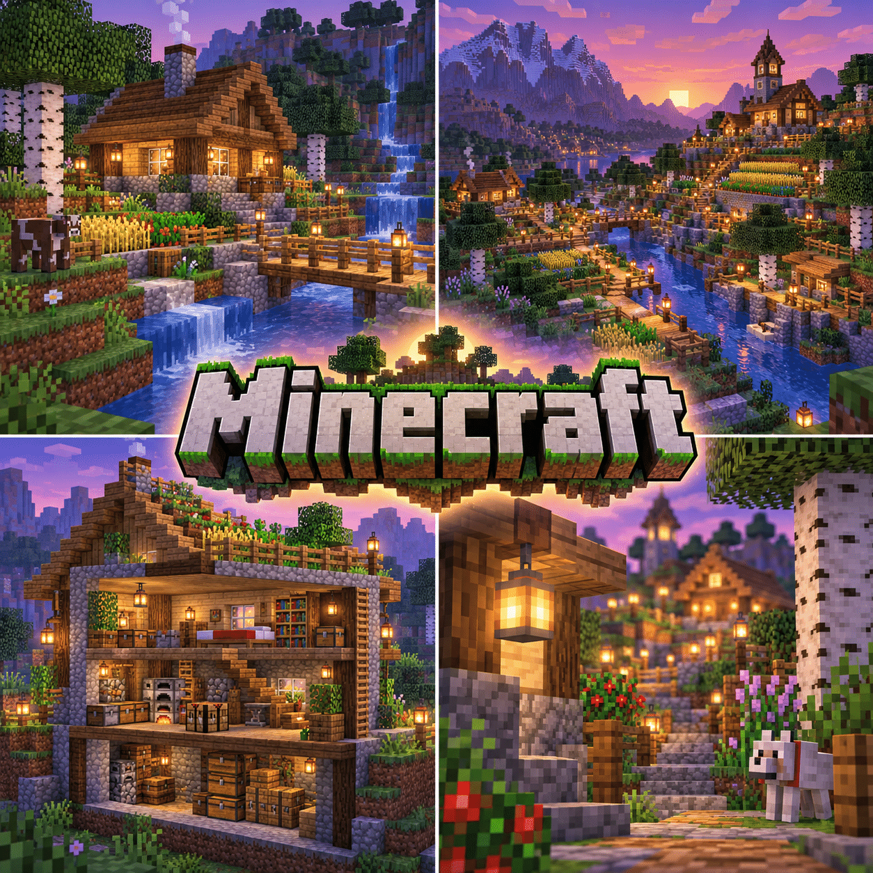 Four distinct visual studies of Minecraft, with the complete name prominently centered.