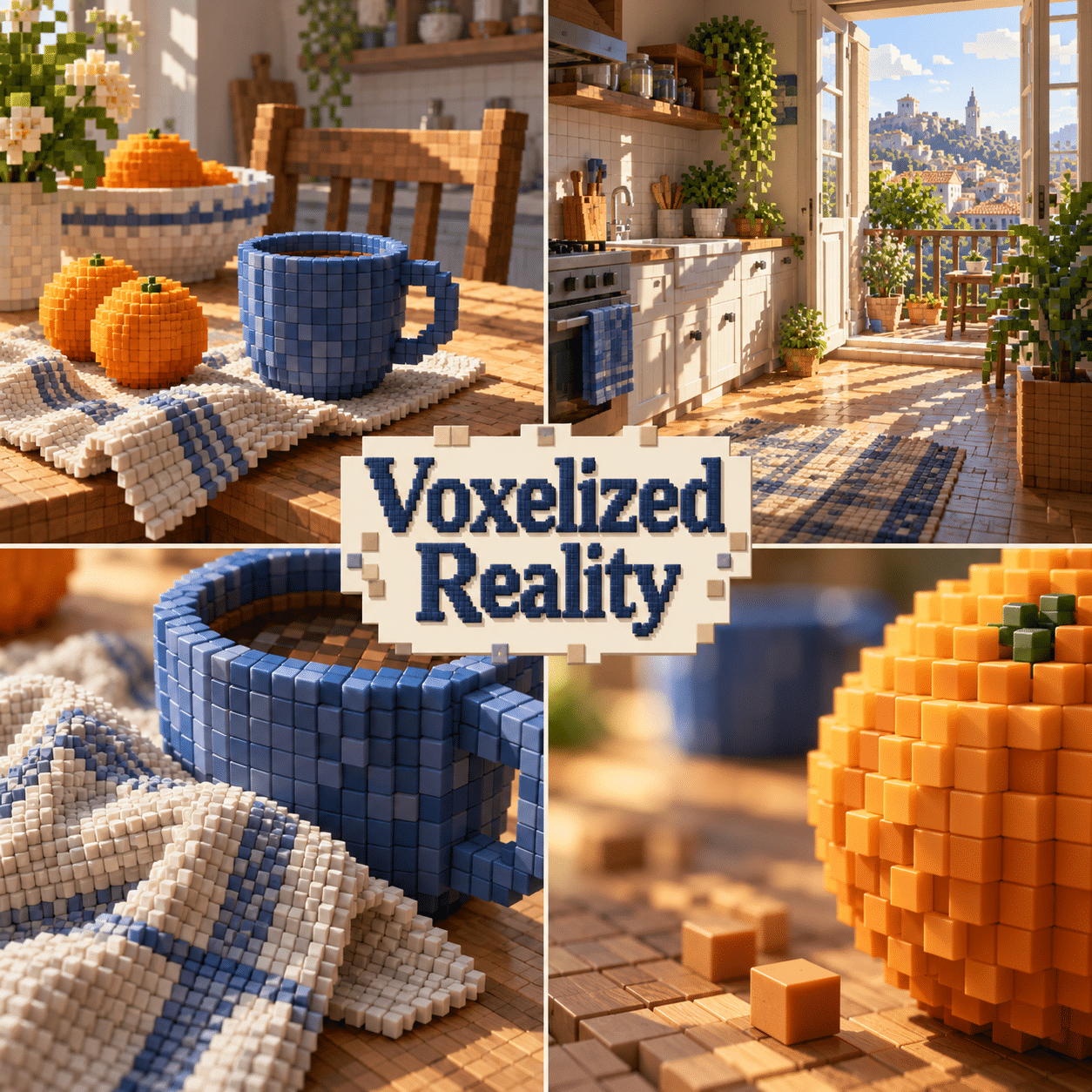 Four distinct visual studies of Voxelized Reality, with the complete name prominently centered.