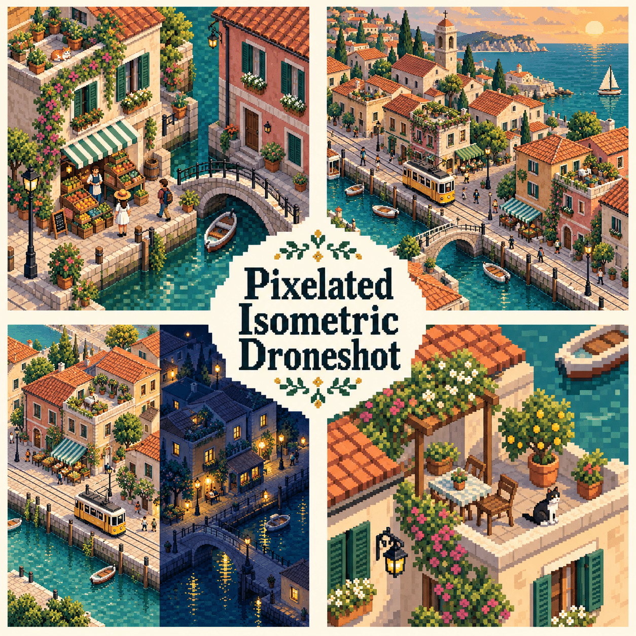 Four distinct visual studies of Pixelated Isometric Droneshot, with the complete name prominently centered.