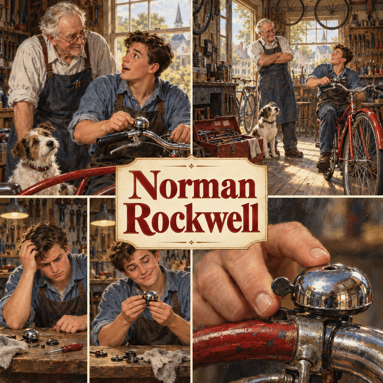 Four distinct visual studies of Norman Rockwell, with the complete name prominently centered.