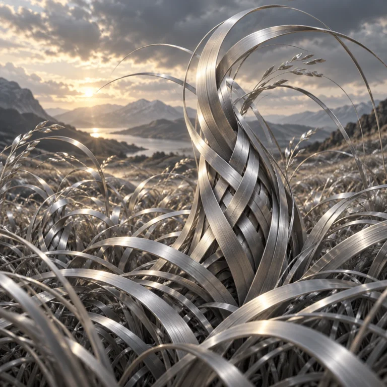 Brushed-aluminum ribbons woven into a windswept meadow at sunset