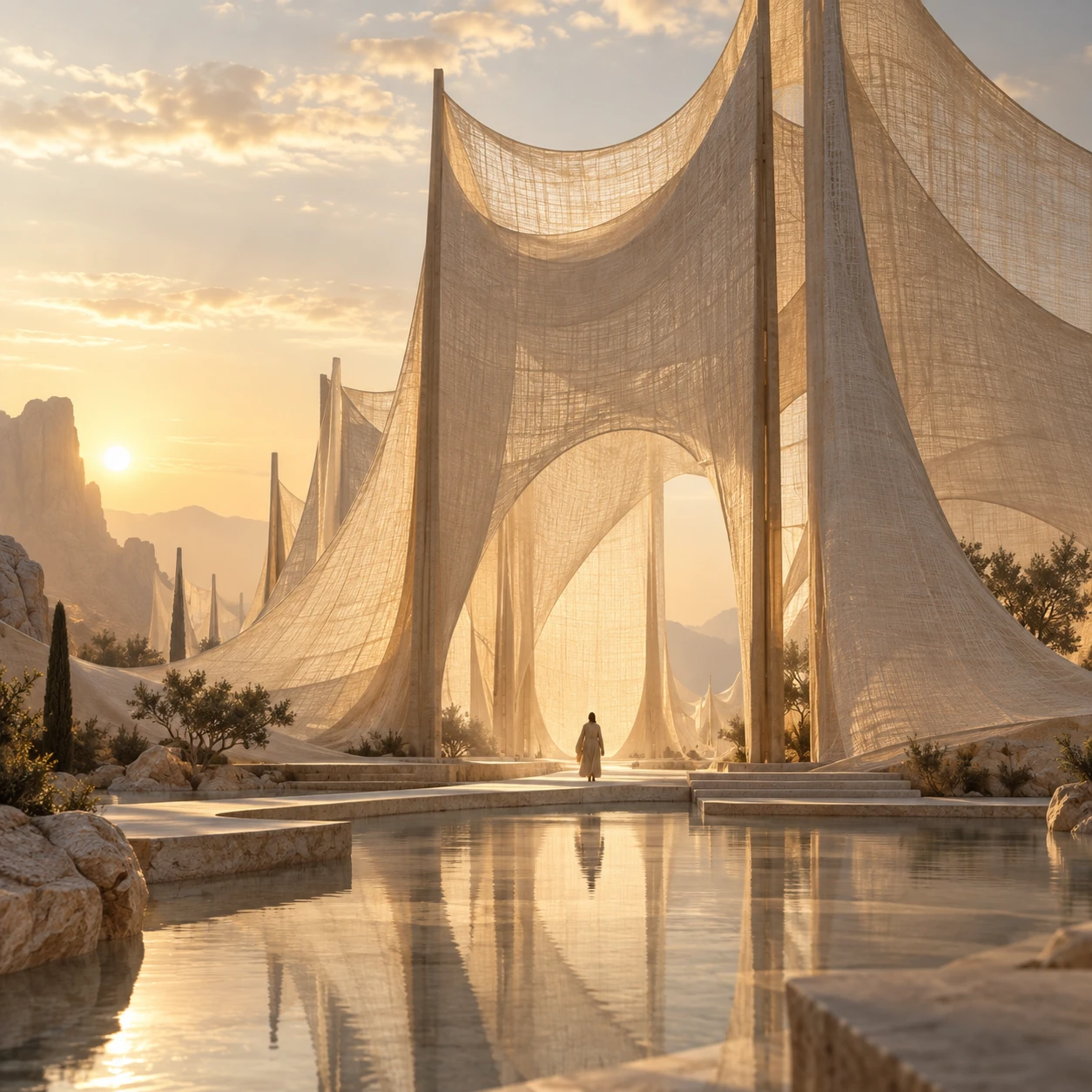 Translucent linen pavilion forming a tall arch above water in desert light