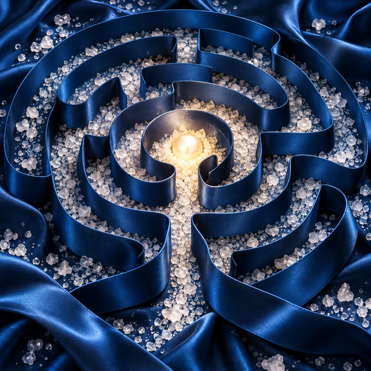 Blue satin spiral maze with white salt crystals and a warm center