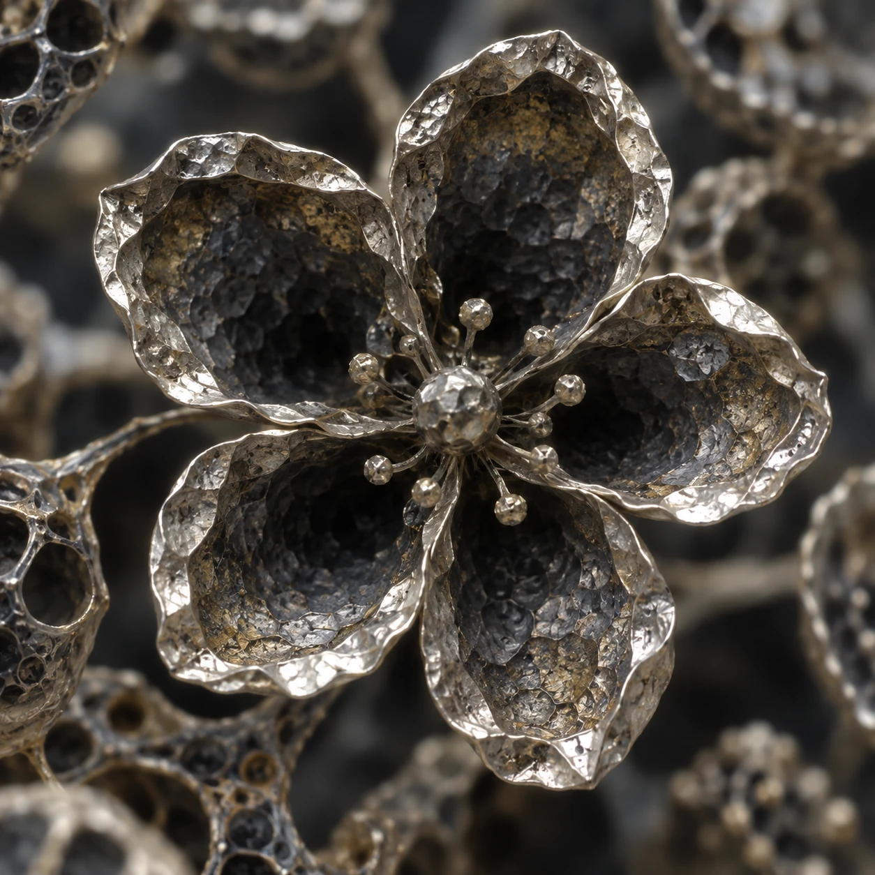 Five-petaled hammered-tin cellular flower against a dark porous field