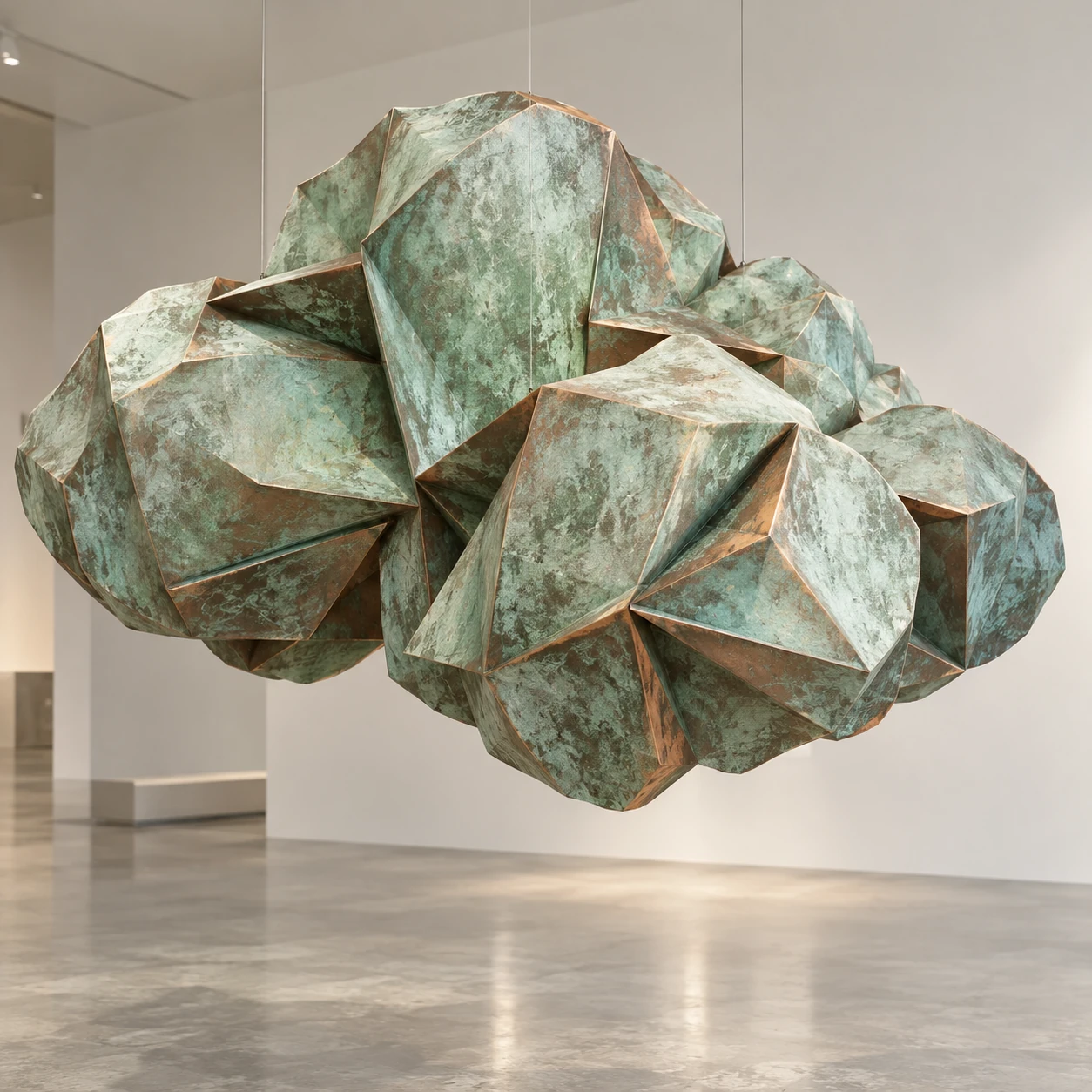 Suspended folded copper cloud with pale green verdigris and exposed seams