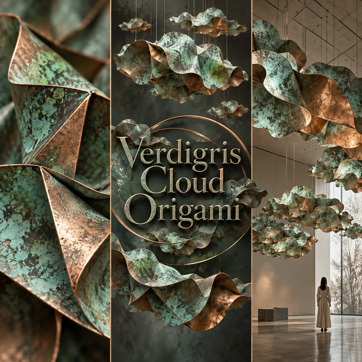 Copper-cloud studies around the centered Verdigris Cloud Origami title
