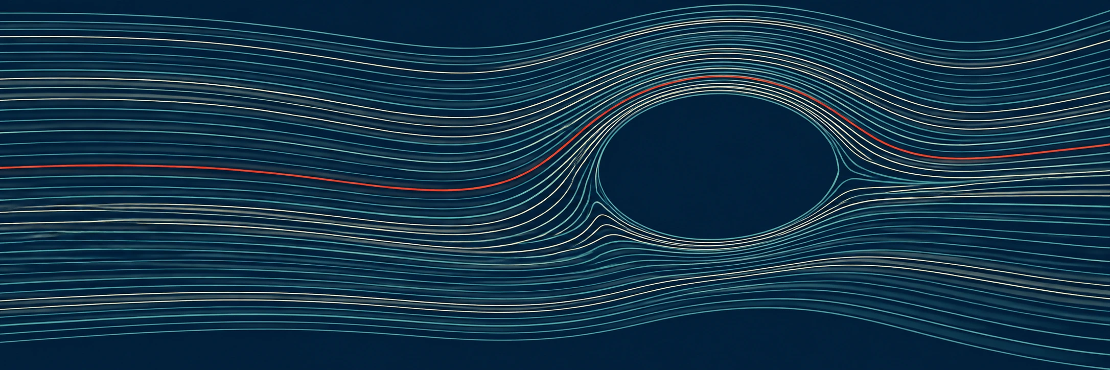 Fine ivory and teal lines bend around an oval void on indigo, with a single vermilion stream.