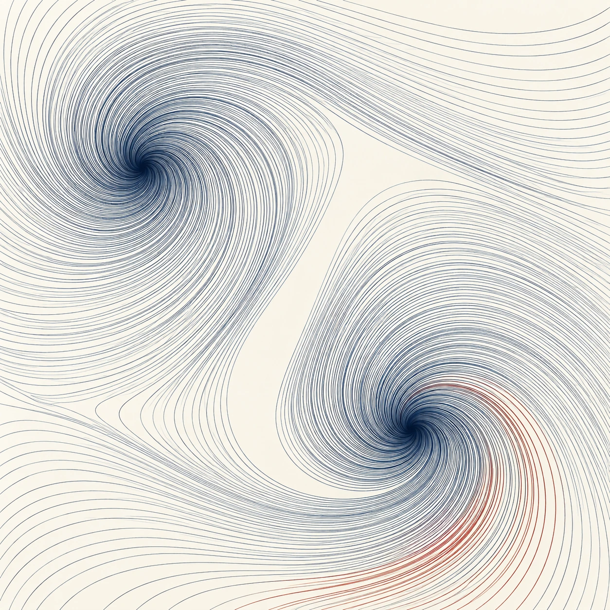 Fine blue lines spiral around two offset centers on ivory, separated by an open channel with a rust accent.