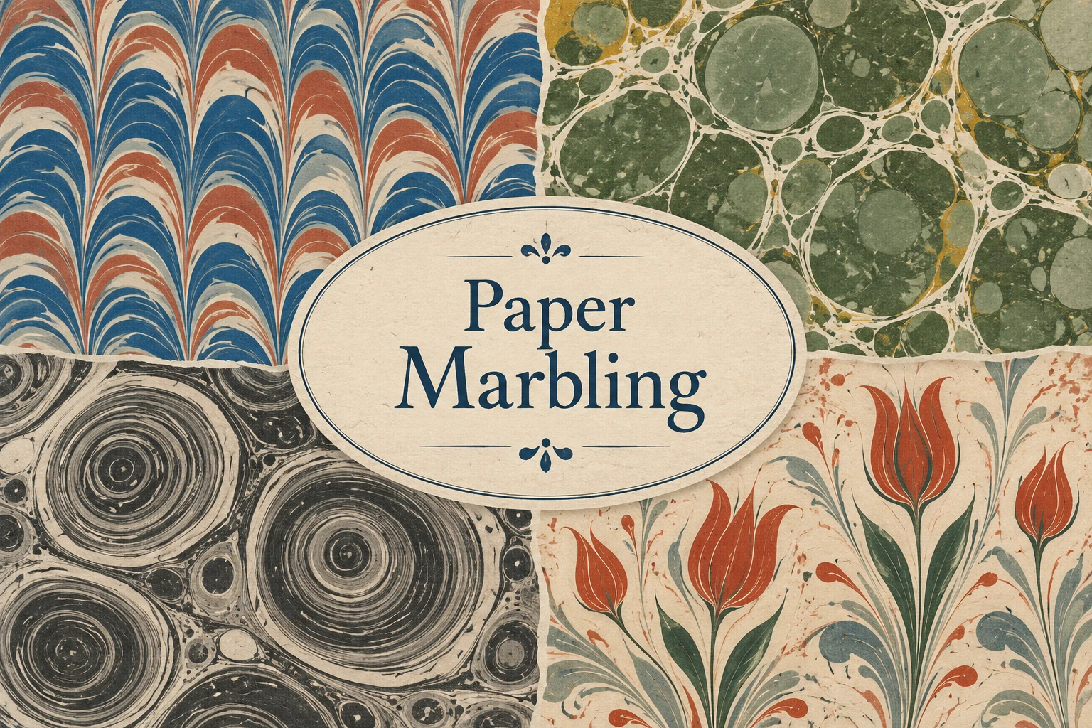 The centered title Paper Marbling joins combed feathers, green pools, charcoal rings and red floral forms.