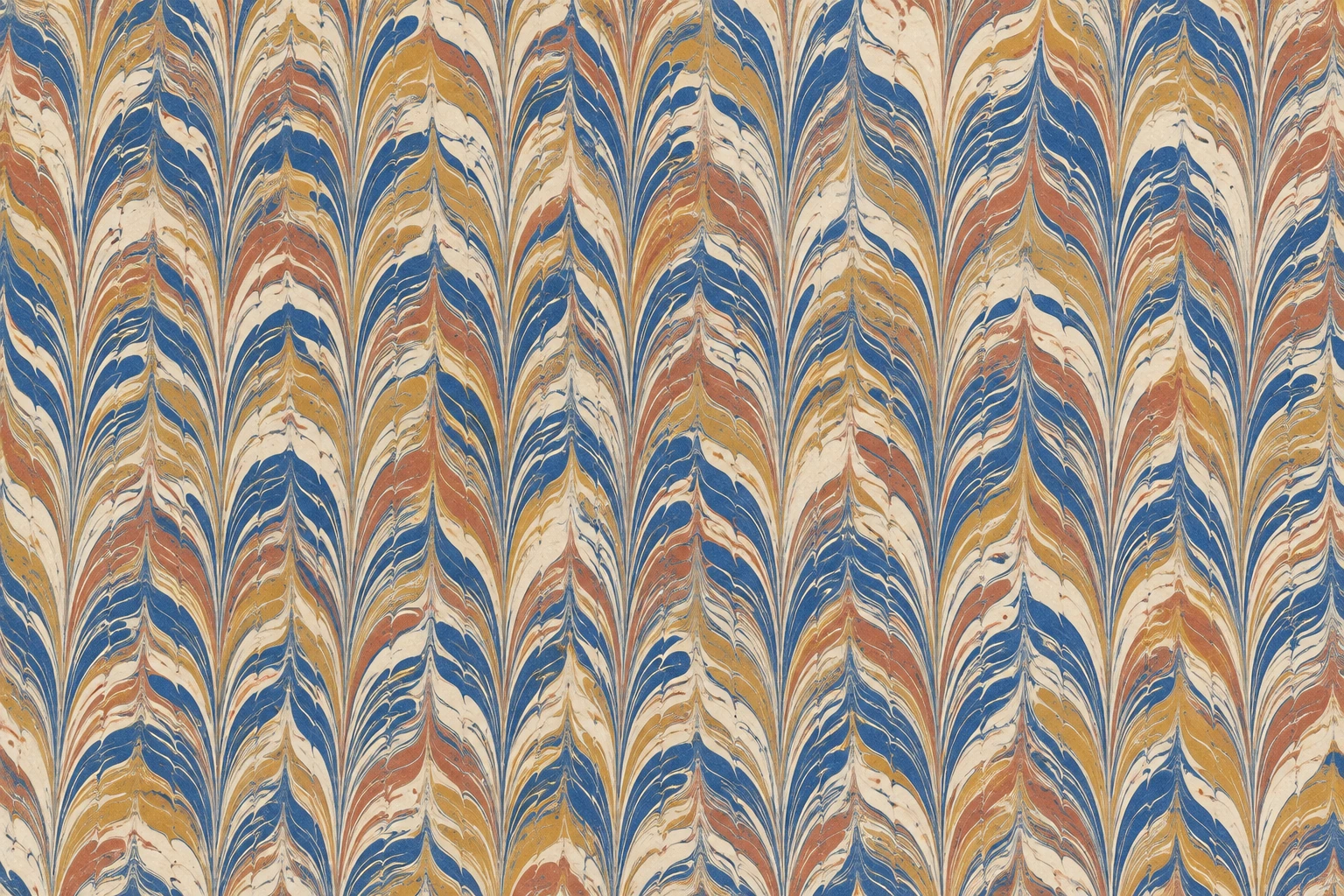 Narrow indigo, ochre and terracotta feather patterns repeat with fluid irregularities on ivory paper.