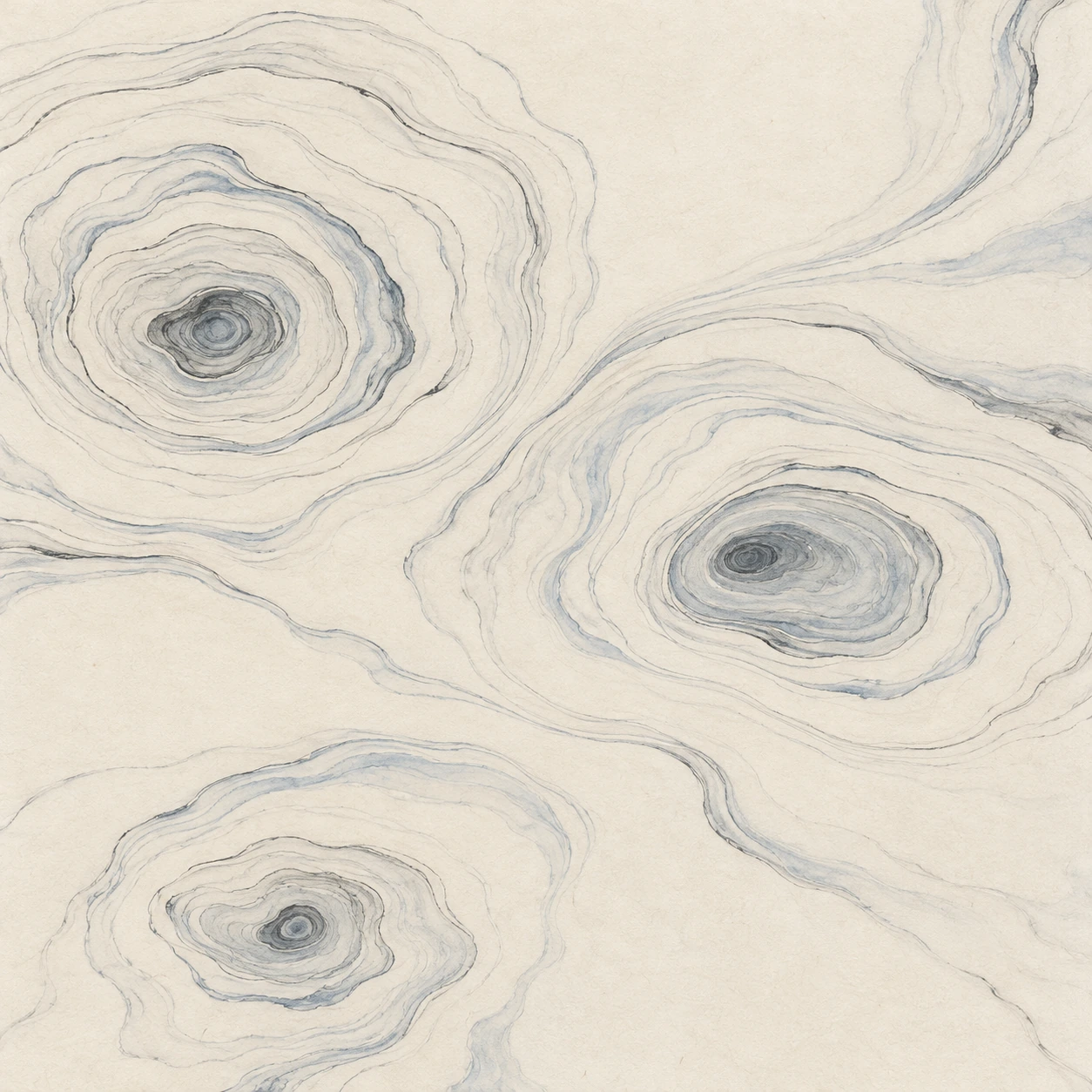 Fine charcoal and blue-grey rings spread from three offset centers across open ivory paper.