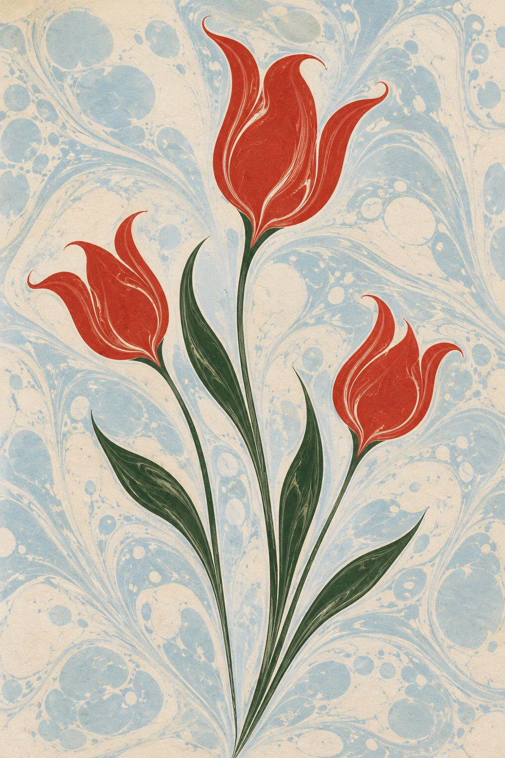 Three red tulip-like blooms with dark green stems rise over pale blue marbled paper.
