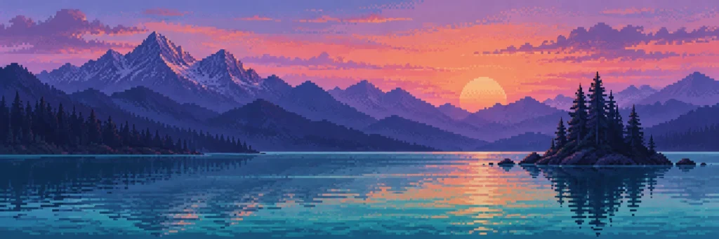 A stepped peach sunset lights a cyan lake below violet mountains and a dark pine island.