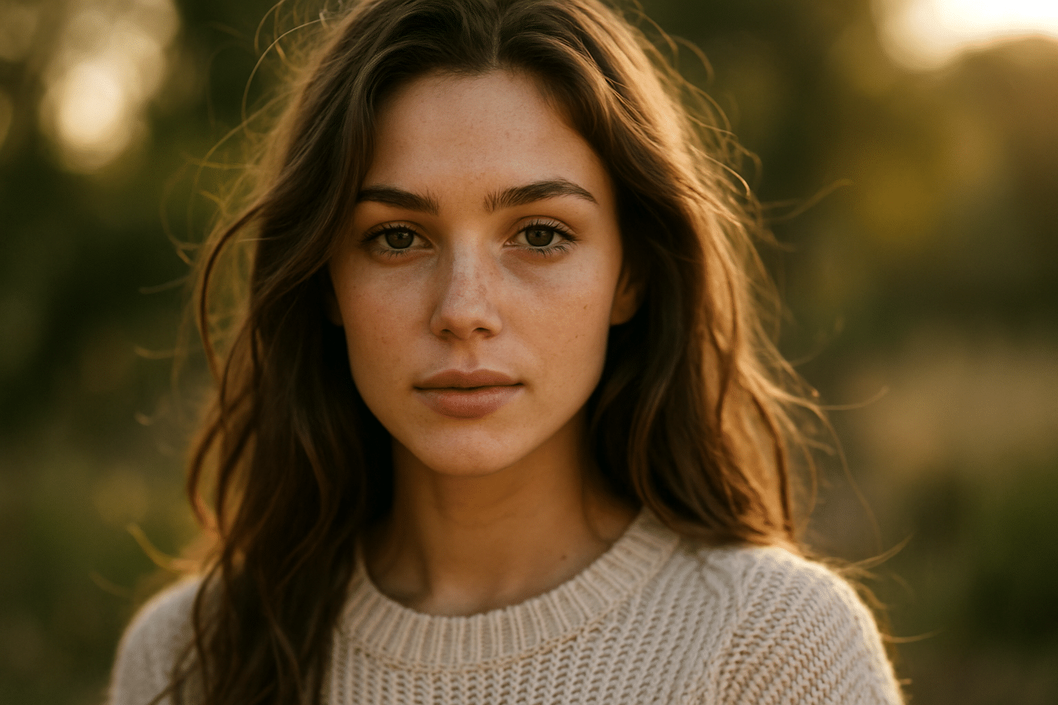 Archive portrait of a brown-haired adult in a cream sweater, with a sharply described face and soft sunlit foliage behind.