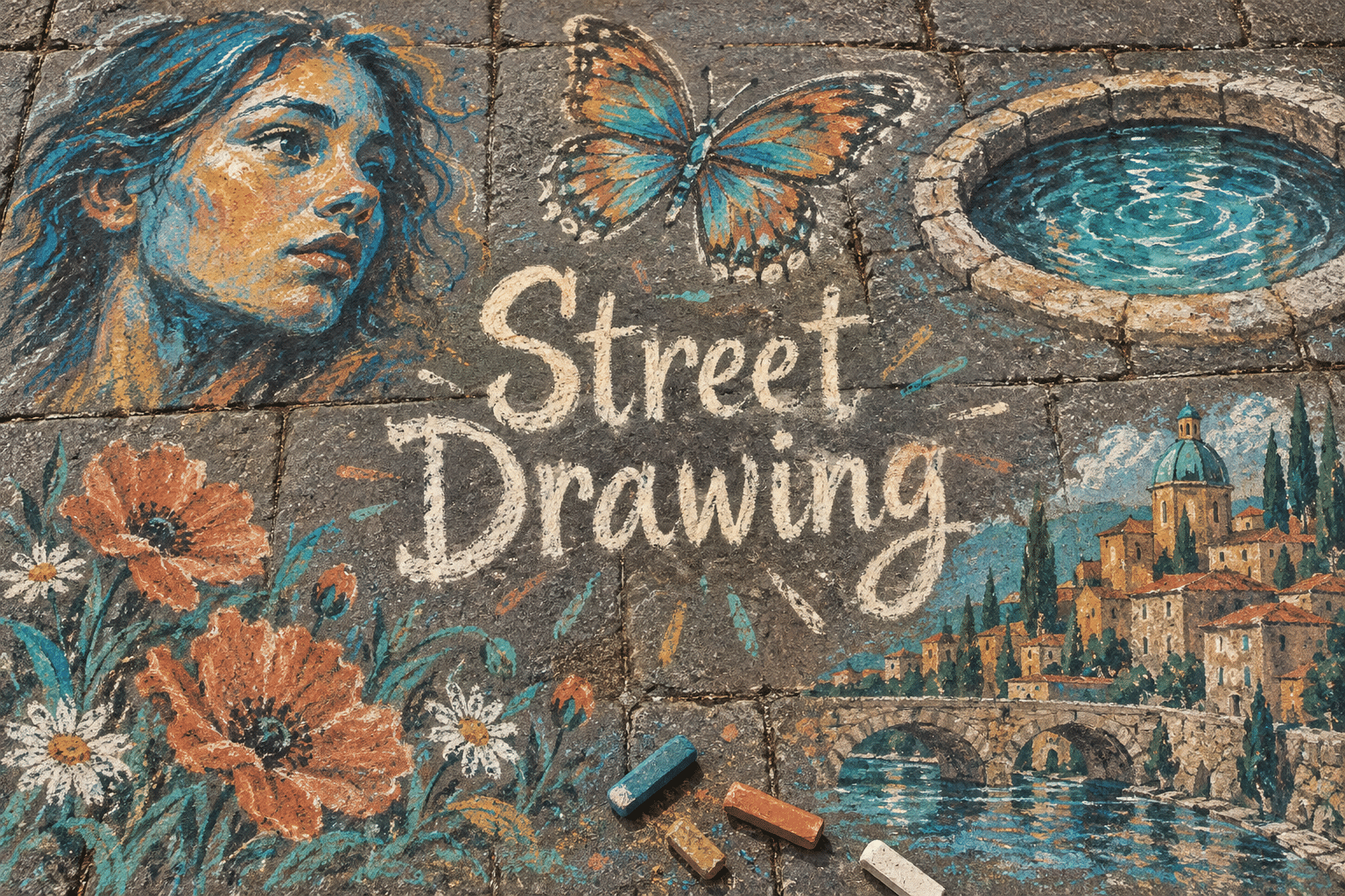 Street Drawing title centered among chalk-style portrait, butterfly, pool, flowers and cityscape studies on rough paving.