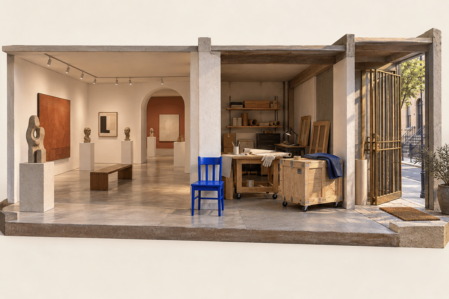 Gallery, packing space and street threshold arranged around a cobalt chair.